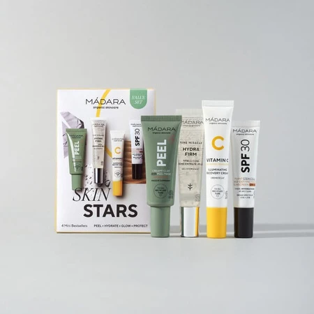 Madara Skin Stars 4 Mini Bestseller Set, mask, 17 ml + moisturizing serum, 15 ml + vitamin C cream, 15 ml + anti-wrinkle cream, 10 ml
