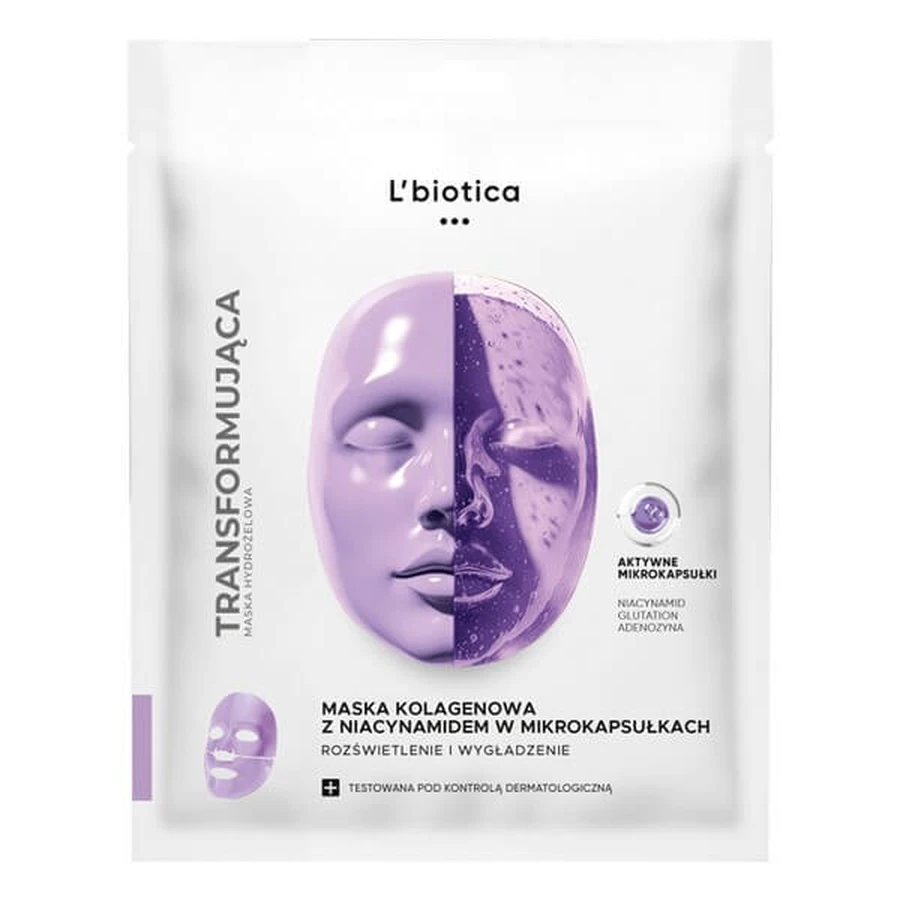 L'biotica, mascarilla de colágeno con niacinamida en microcápsulas, Iluminadora y Alisadora, 1 ud.