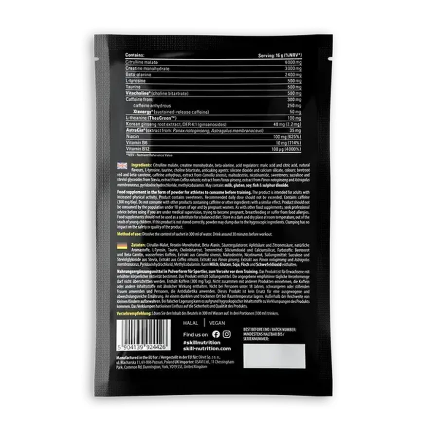 Skill Nutrition Pre-Workout, powder, tropical punch flavor, 16 g