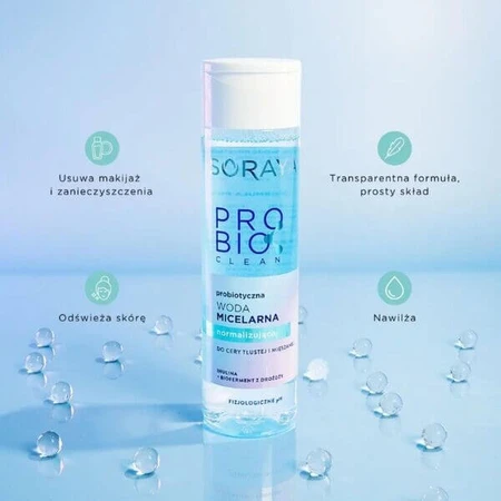 Soraya, Probio Clean, probiotisch micellair water, normaliserend voor de vette en gemengde huid, 250 ml.