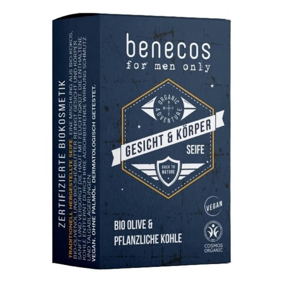 Benecos For Men Only, jabón natural facial y corporal en pastilla para hombre, 75 g