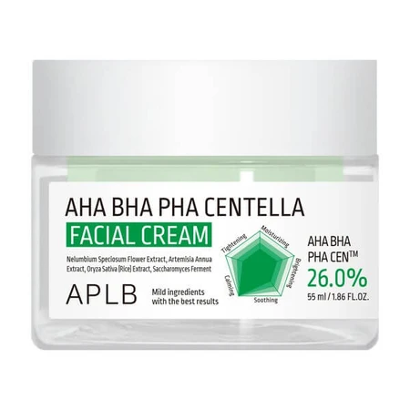 APLB Crema Facial AHA BHA PHA Centella, crema facial exfoliante y calmante con ácidos y Centella Asiática, 55 ml