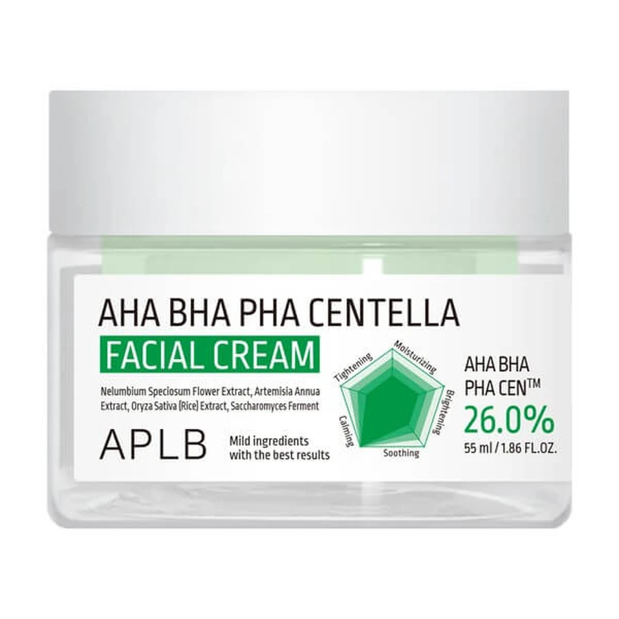 APLB Crema Facial AHA BHA PHA Centella, crema facial exfoliante y calmante con ácidos y Centella Asiática, 55 ml