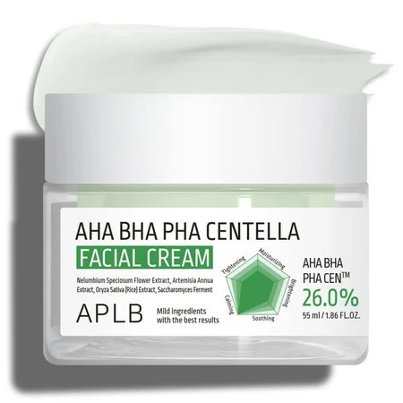 APLB Crema Facial AHA BHA PHA Centella, crema facial exfoliante y calmante con ácidos y Centella Asiática, 55 ml