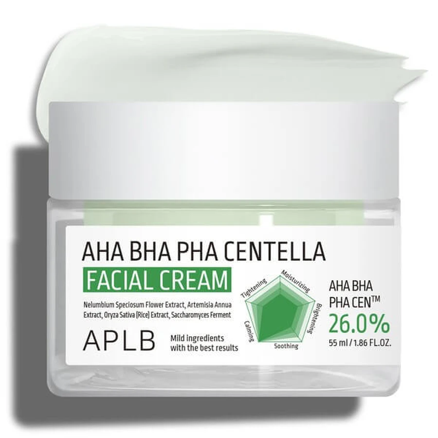 APLB Crema Facial AHA BHA PHA Centella, crema facial exfoliante y calmante con ácidos y Centella Asiática, 55 ml