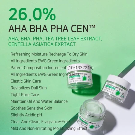 APLB Crema Facial AHA BHA PHA Centella, crema facial exfoliante y calmante con ácidos y Centella Asiática, 55 ml