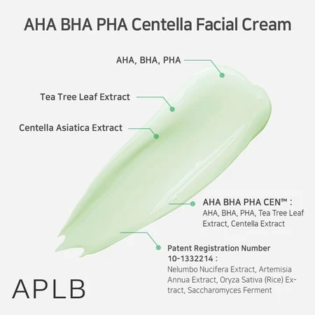APLB Crema Facial AHA BHA PHA Centella, crema facial exfoliante y calmante con ácidos y Centella Asiática, 55 ml