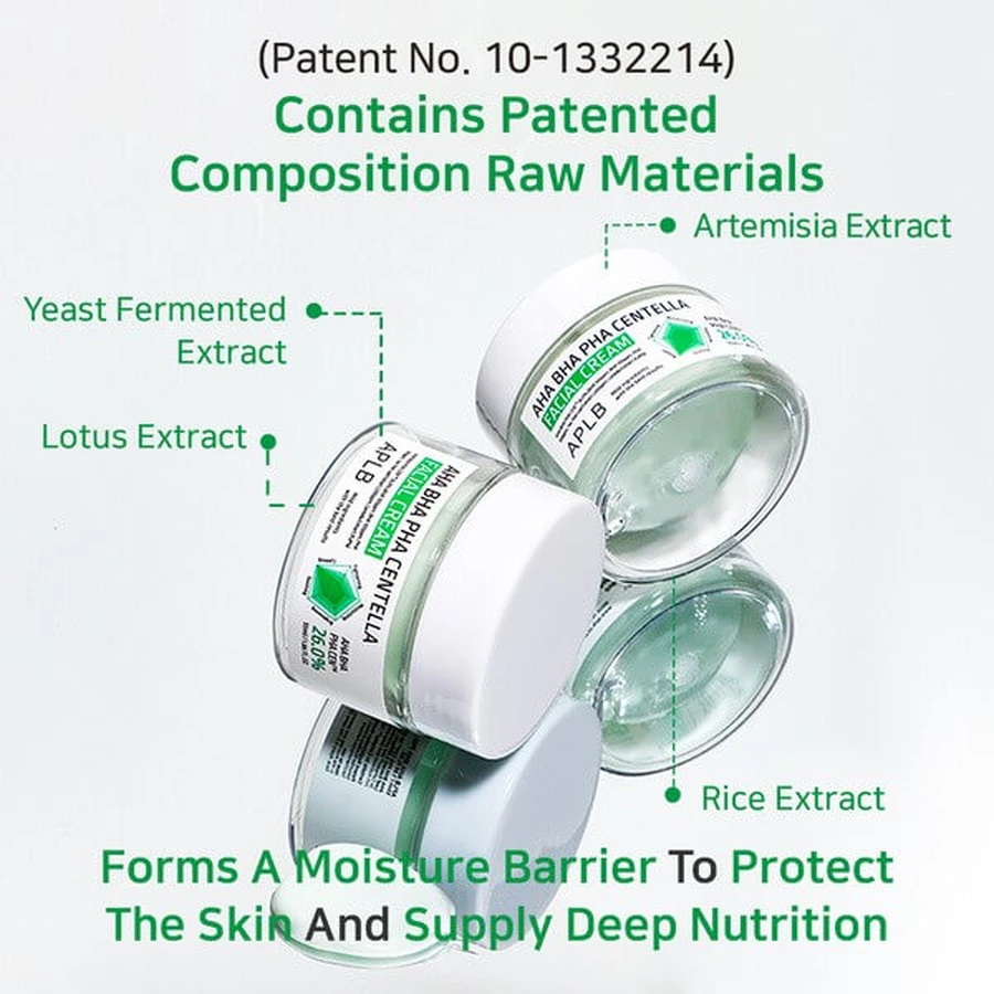 APLB Crema Facial AHA BHA PHA Centella, crema facial exfoliante y calmante con ácidos y Centella Asiática, 55 ml