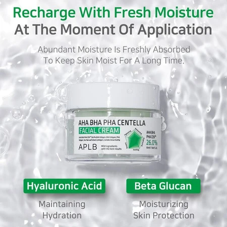 APLB Crema Facial AHA BHA PHA Centella, crema facial exfoliante y calmante con ácidos y Centella Asiática, 55 ml