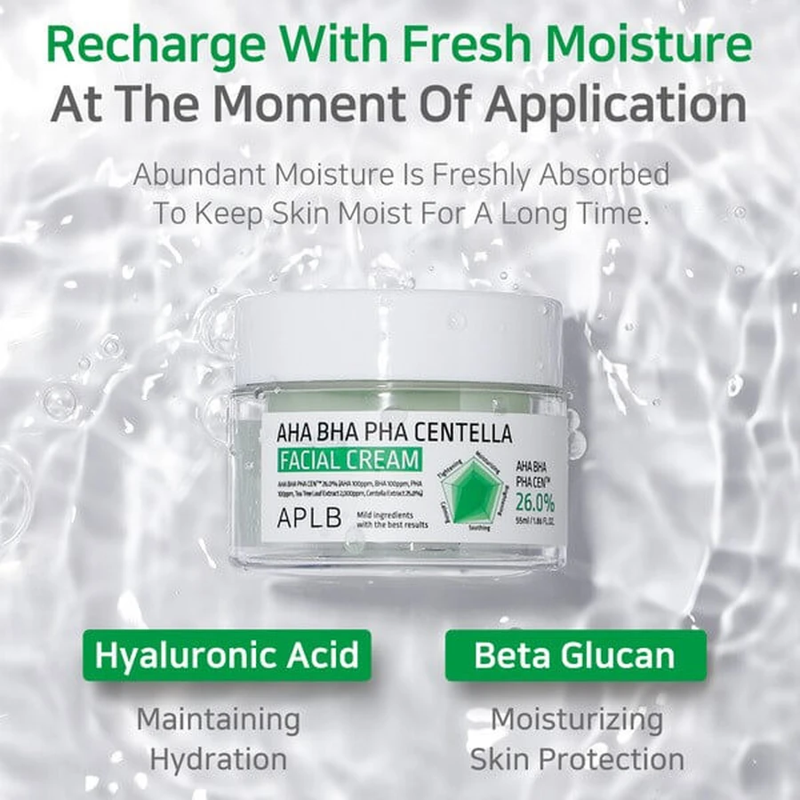 APLB Crema Facial AHA BHA PHA Centella, crema facial exfoliante y calmante con ácidos y Centella Asiática, 55 ml
