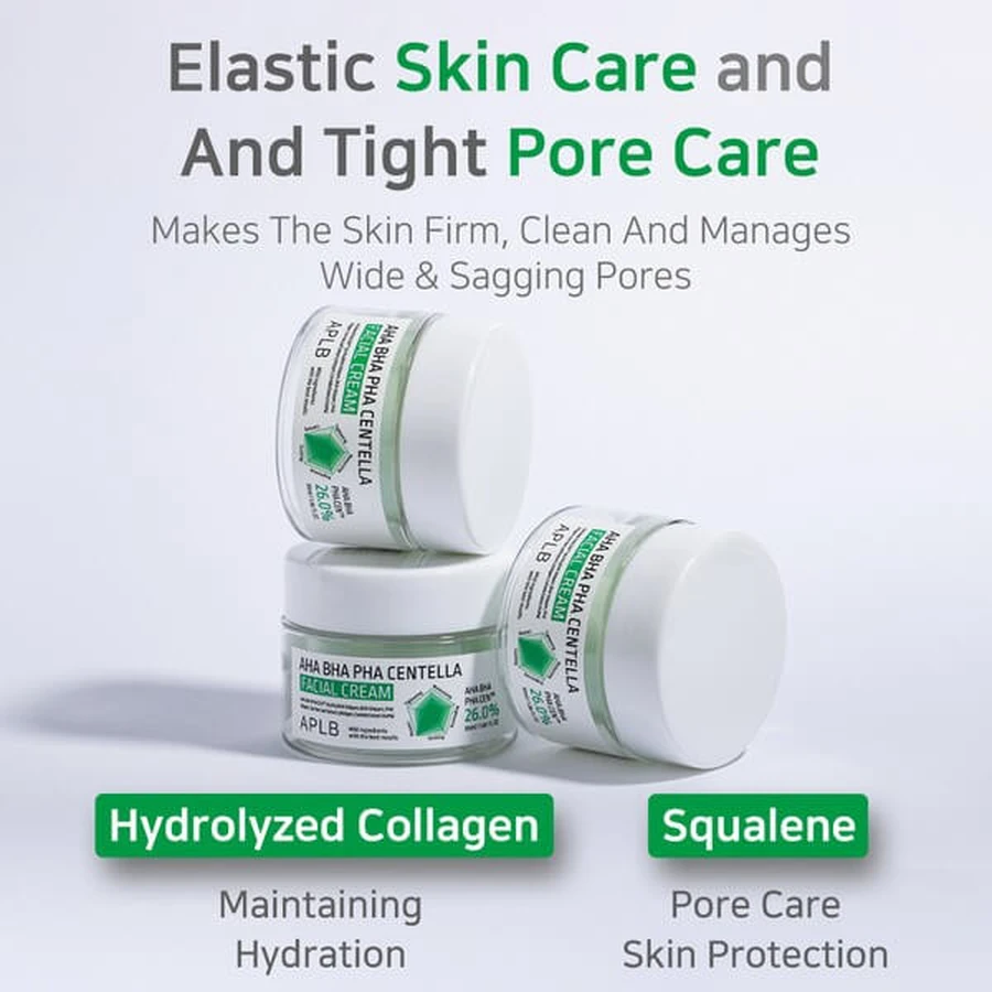 APLB Crema Facial AHA BHA PHA Centella, crema facial exfoliante y calmante con ácidos y Centella Asiática, 55 ml