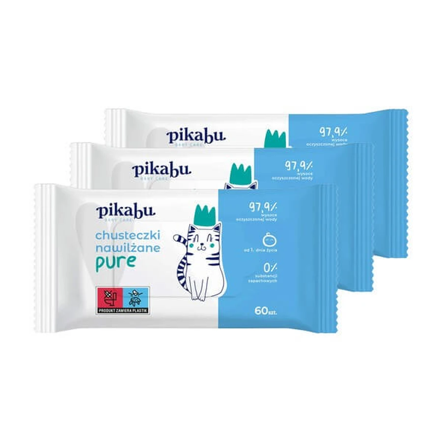 Set van 3x Pikabu Baby Care, Pure vochtige doekjes, 60 stuks.
