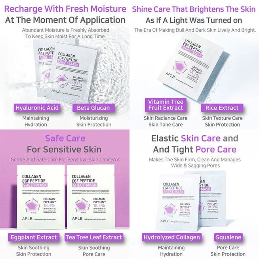 APLB Collagen EGF Peptide Sheet Mask, Gesichtsmaske mit Kollagen und EGF-Peptiden, 25 ml