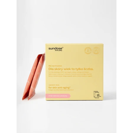 Sundose Everyday For Skin Anti-Aging, pliculețe cu pulbere, aromă de zmeură și lămâie, 15 buc.
