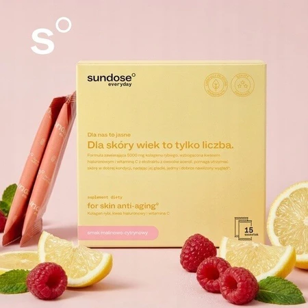 Sundose Everyday For Skin Anti-Aging, pliculețe cu pulbere, aromă de zmeură și lămâie, 15 buc.