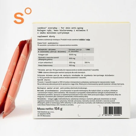 Sundose Everyday For Skin Anti-Aging, pliculețe cu pulbere, aromă de zmeură și lămâie, 15 buc.