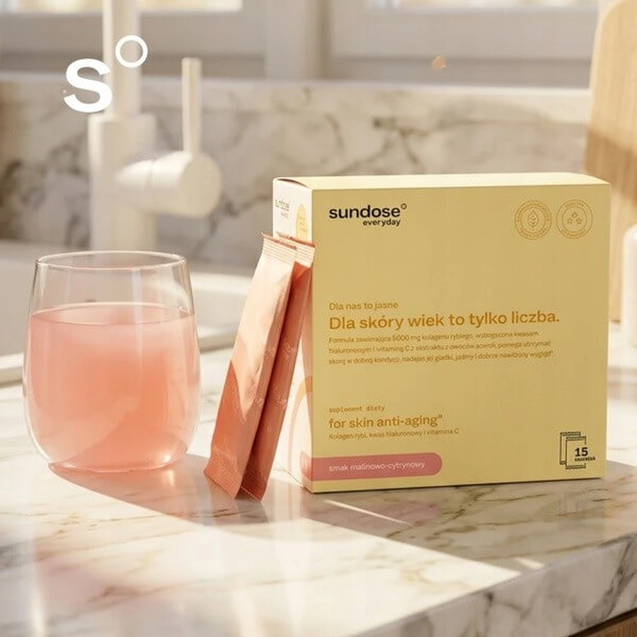 Sundose Everyday For Skin Anti-Aging, pliculețe cu pulbere, aromă de zmeură și lămâie, 15 buc.