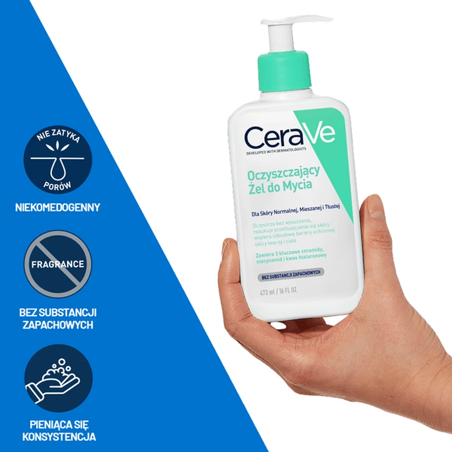 CeraVe set, reinigende reinigingsgel met ceramiden voor de normale en vette huid, 473 ml + hydraterende gezichtscrème met ceramiden, 52 ml