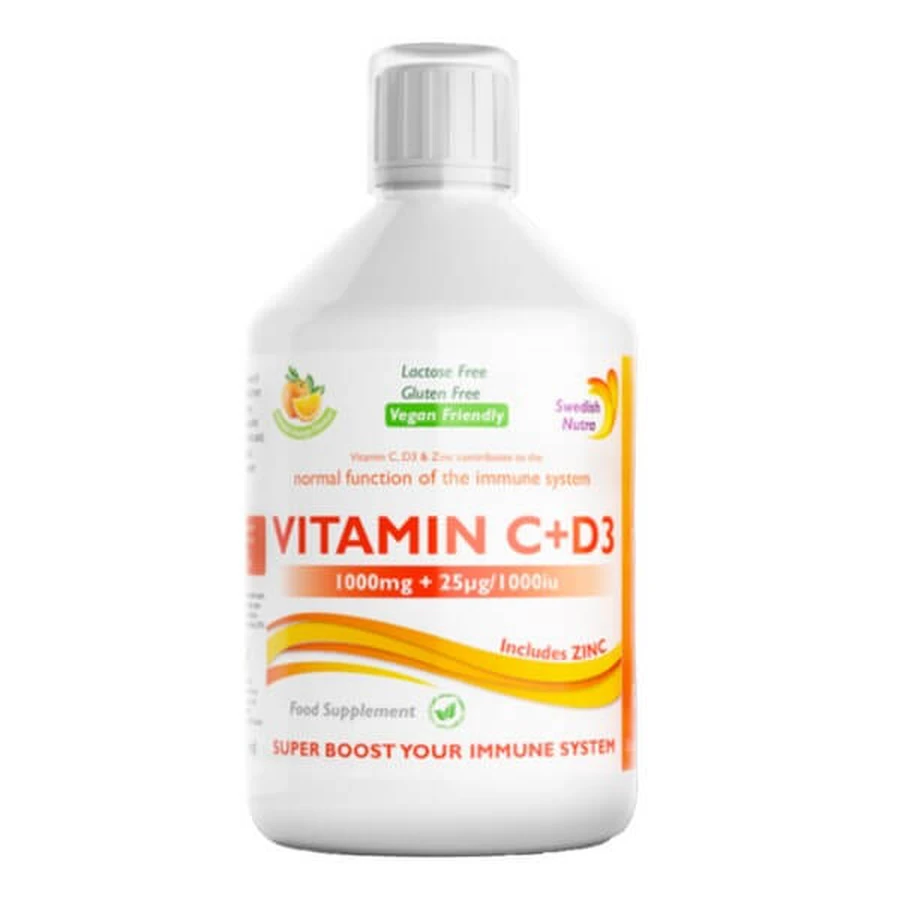 Swedish Nutra Vitamina C + D3, líquido, sabor naranja, 500 ml