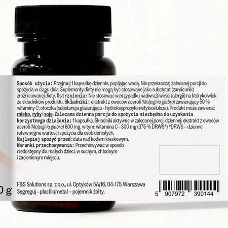 Sundose Vitamina C de extracto de acerola, cápsulas duras, 30 uds.