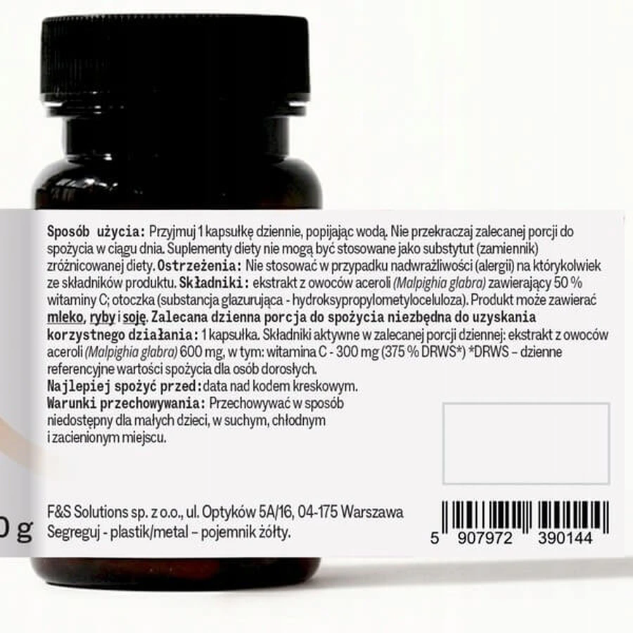 Sundose Vitamina C de extracto de acerola, cápsulas duras, 30 uds.