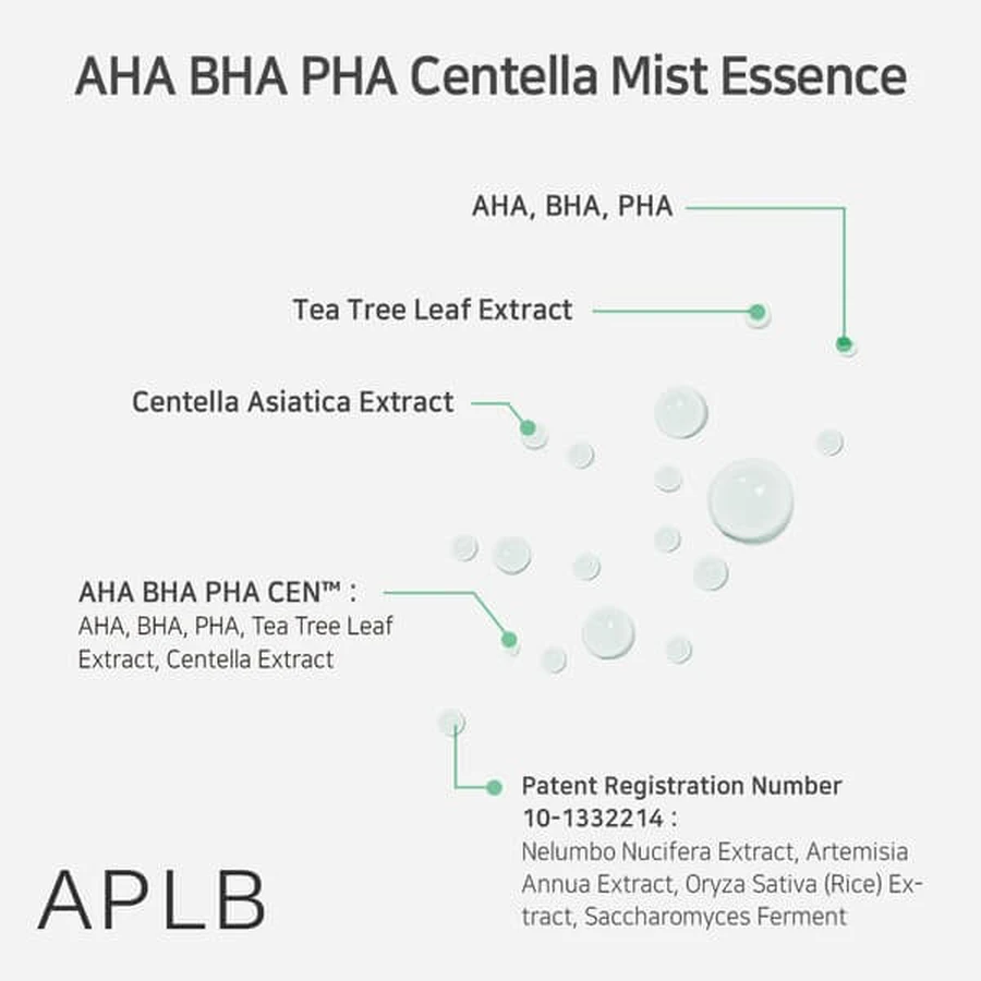 APLB AHA BHA PHA Centella Mist Essence, Gesichtsnebel-Essenz mit Säuren und Centella Asiatica, 105 ml.