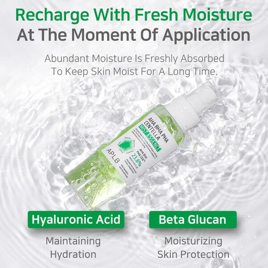 APLB AHA BHA PHA Centella Mist Essence, Gesichtsnebel-Essenz mit Säuren und Centella Asiatica, 105 ml.