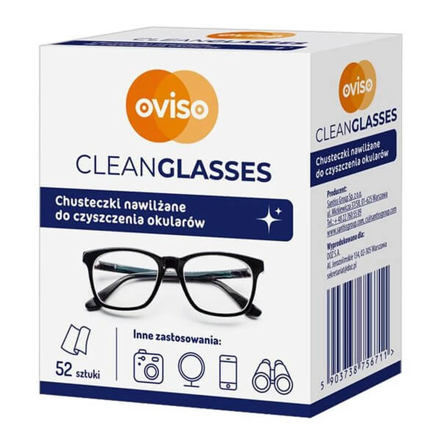 Oviso Clean Glasses, lingettes nettoyantes pour lunettes, humidifiées, 52 pcs.
