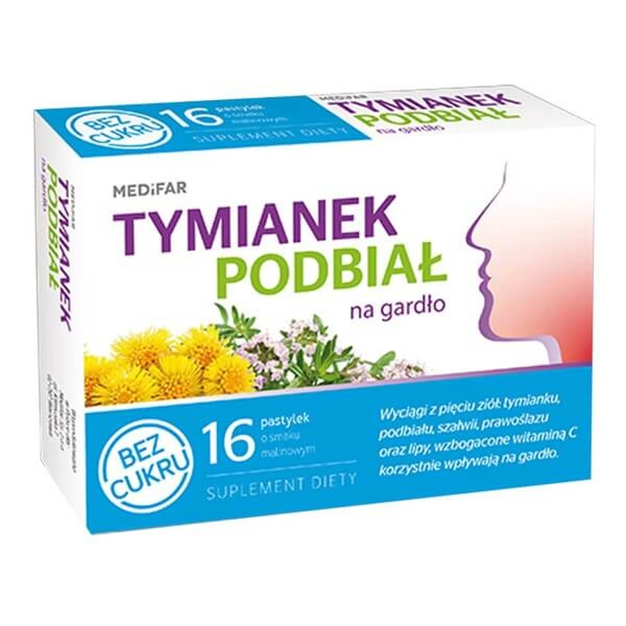 MEDiFAR Thyme and coltsfoot for the throat, lozenges, sugar-free, 16 pcs.