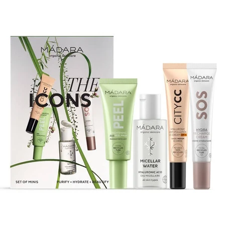 Madara The Icons Set Medium, Mizellenwasser, 50 ml + aufhellende Maske mit AHA-Säuren, 17 ml + Gesichtscreme, 15 ml + CC Creme SPF15, 15 ml