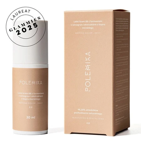 Polemic Matcha Care Color Daily, lichte revitaliserende BB-crème met druivenferment en zeevenkel extract, 2.0, 30 ml