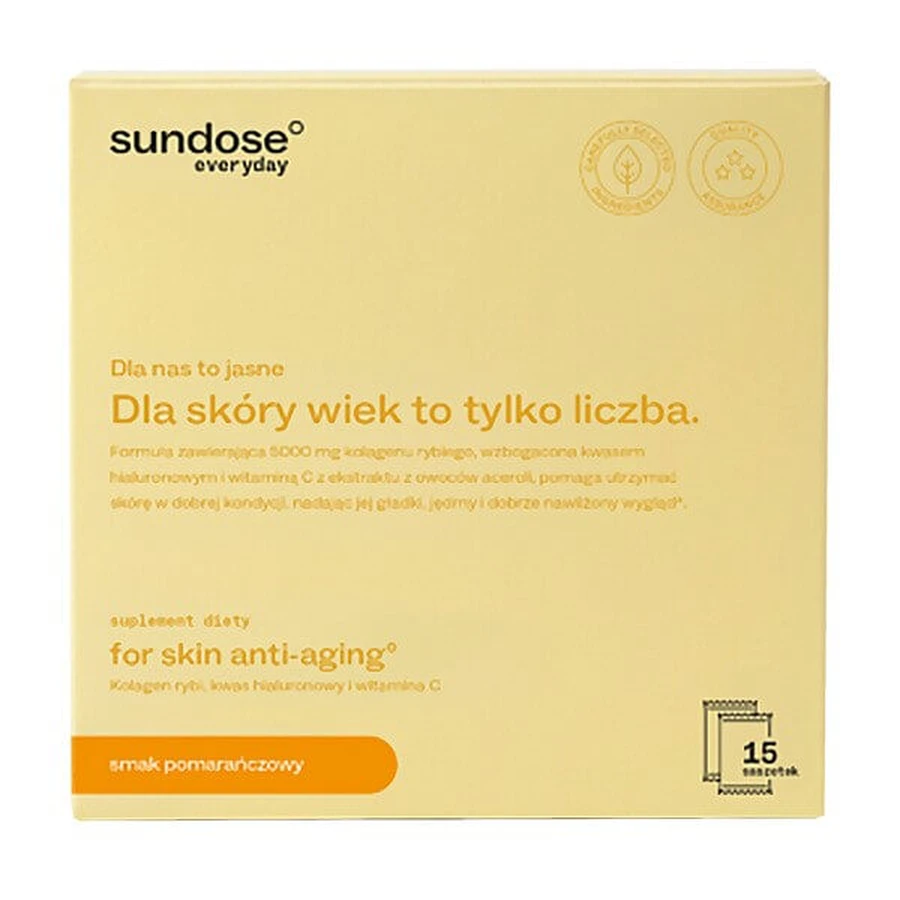 Sundose Everyday For Skin Anti-Aging, pliculețe cu pulbere, aromă de portocale, 15 buc.