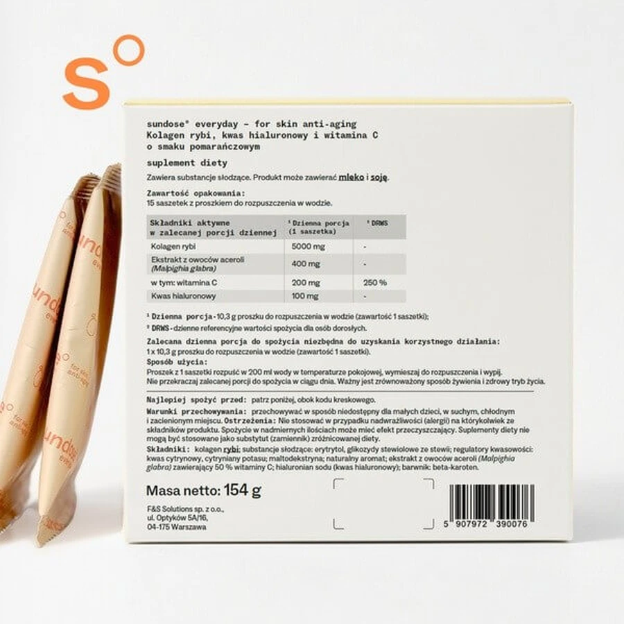 Sundose Everyday For Skin Anti-Aging, pliculețe cu pulbere, aromă de portocale, 15 buc.