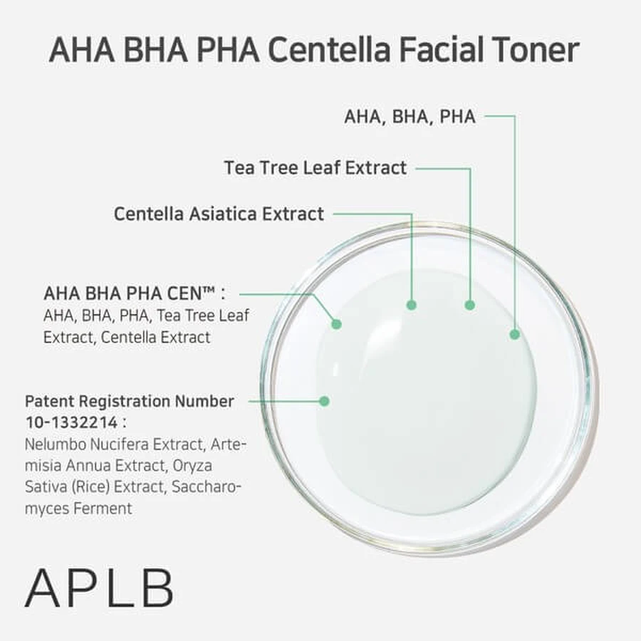 APLB AHA BHA PHA Centella Gezichtstoner, gezichtsreinigende toner met zuren en Centella, 160 ml