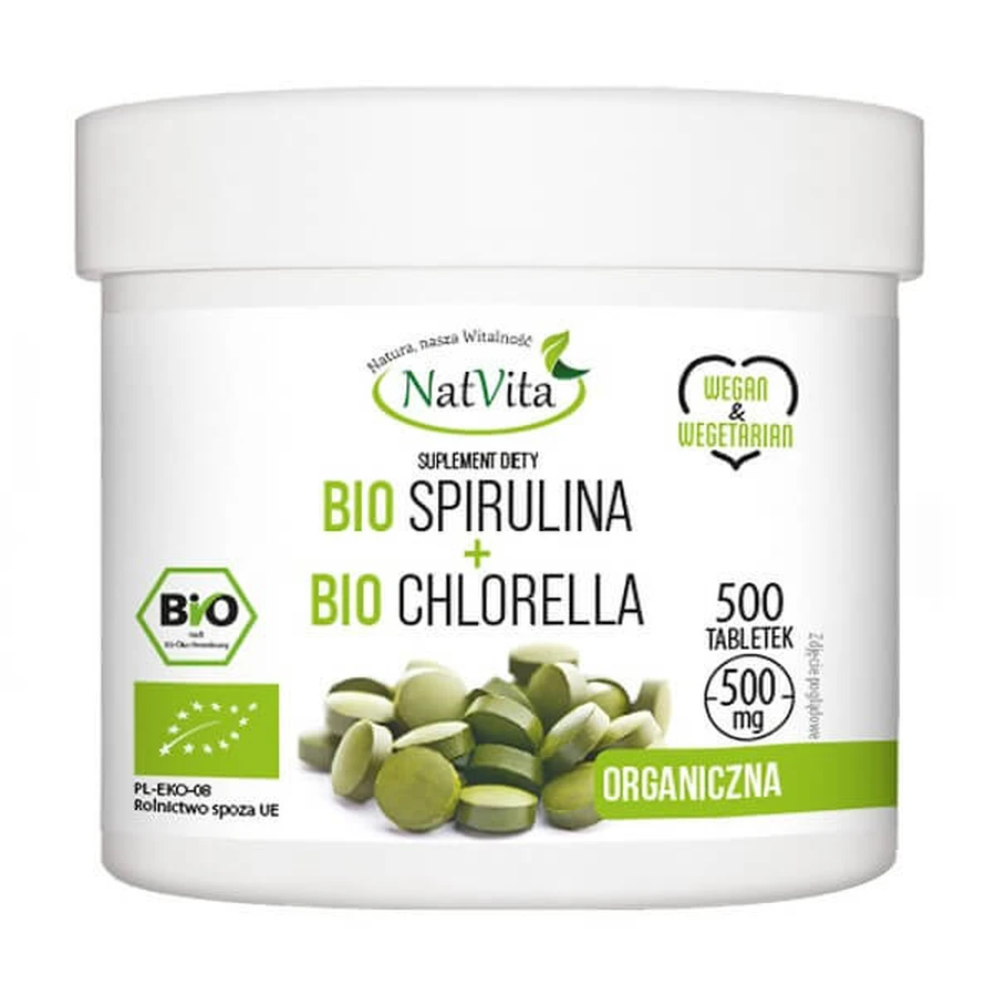 NatVita, Bio Spirulina + Bio Chlorella, tabletten, 500 stuks.