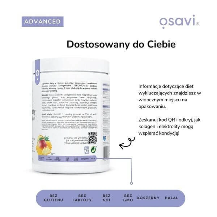 Osavi Collageen &amp; Elektrolyten Vitaliteit en Sport, poeder, ananas-mango smaak, 390 g