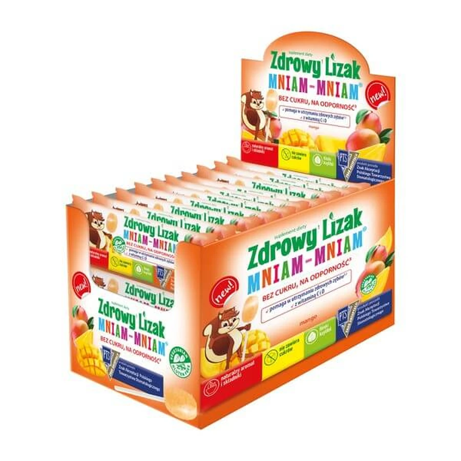 Healthy Lollipop MniamMniam, para huesos dientes e inmunidad con vitamina C y D, sabor mango, piruletas, 40 uds.