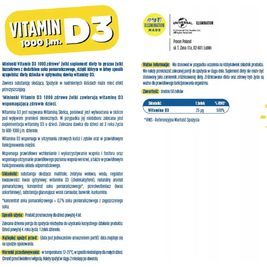 Minions Vitamina D3 1000, 50 jeleuri, supliment alimentar