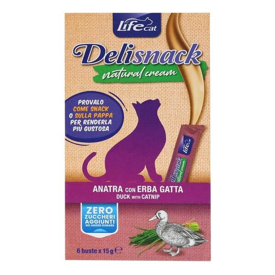Life Cat Deli Snack Naturel Cream Duck, traktatie van cream duck voor katten, zakjes, 15 g x 6 st.