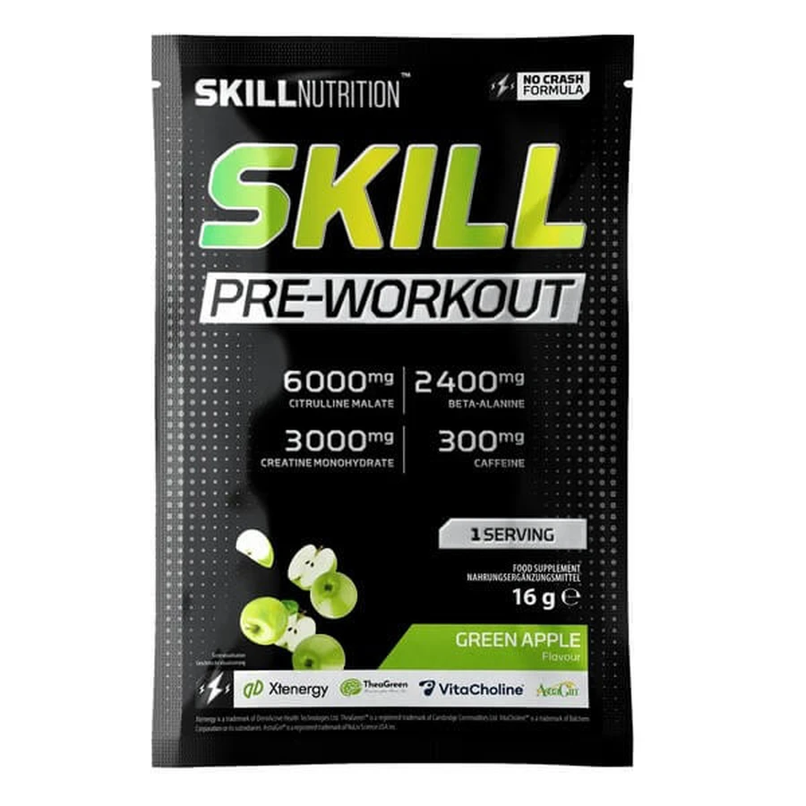 Skill Nutrition Pre-Workout, powder, green apple flavor, 16 g