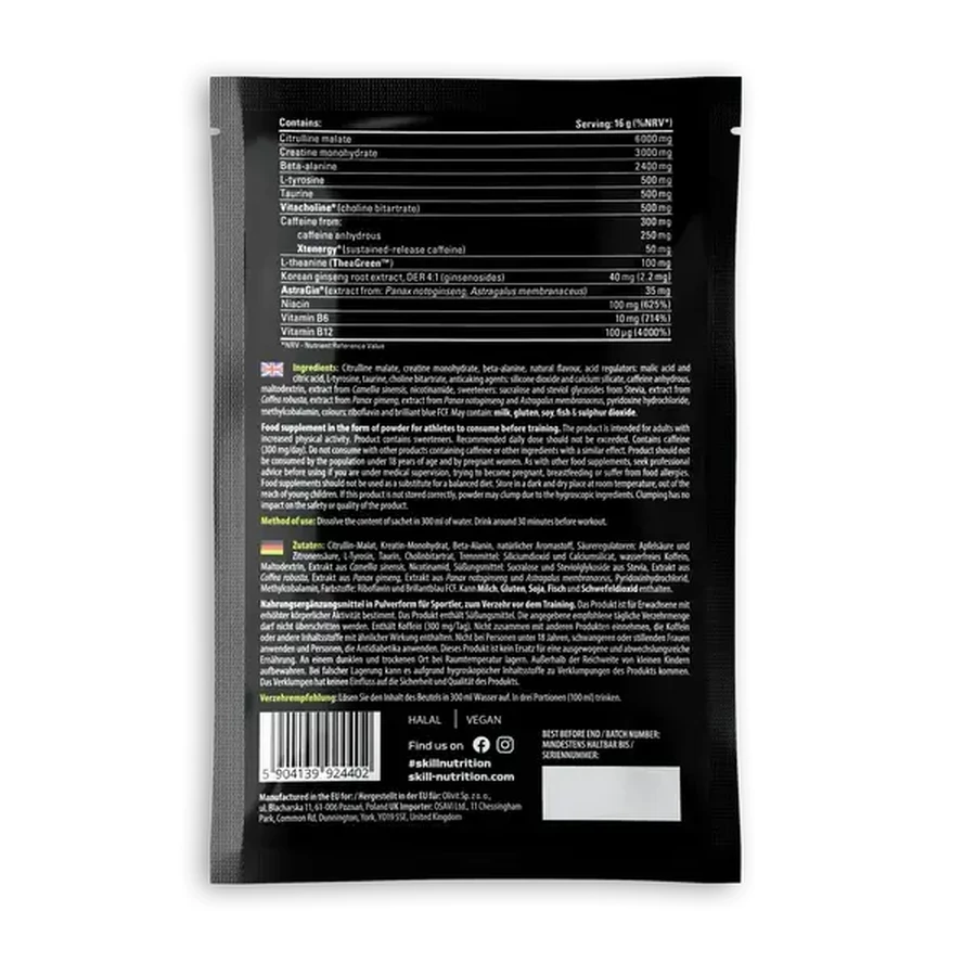 Skill Nutrition Pre-Workout, powder, green apple flavor, 16 g