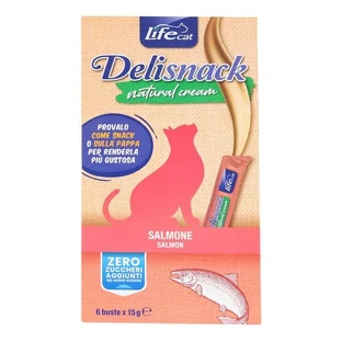Life Cat Deli Snack Natural Cream Salmon, romige zalmsnack voor katten, zakjes, 15 g x 6 stuks.