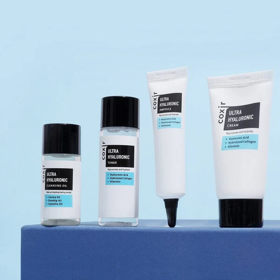 Coxir Ultra Hyaluronic set, make-up remover olie, 20 ml + toner, 30 ml + ampul, 10 ml + crème, 20 ml