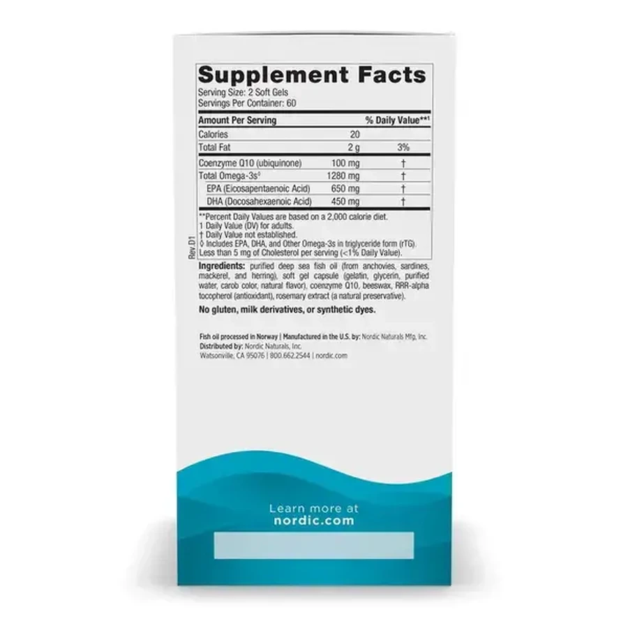 Nordic Naturals Ultimate Omega 1280 mg + CoQ10 100 mg, cápsulas, sabor limón, 120 uds.
