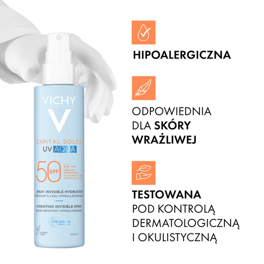 Vichy Capital Soleil UV-Aqua, SPF50 beschermende spray voor gezicht en lichaam, 200 ml