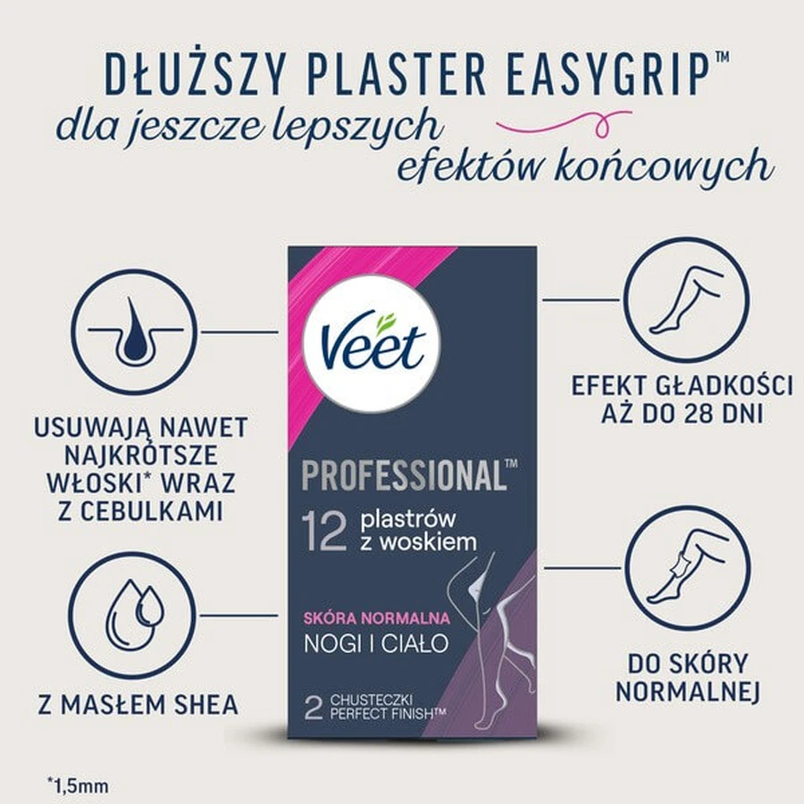 Veet Easy-Gel, parches depilatorios de cera para piel normal, 12 uds.