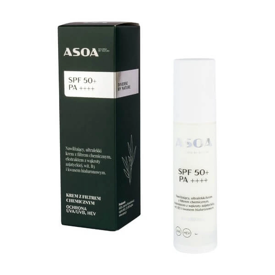 Asoa, SPF 50+ crème visage PA++++, chimique, 50 ml