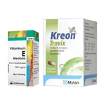 Set Kreon Travix, 10.000, enterale capsules, 50 stuks (fles) + Vitaminum E, (300 mg / ml), druppels, 10 ml (Medana)