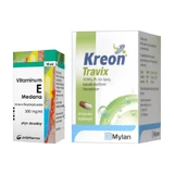 Set Kreon Travix, 10.000, cápsulas enterales, 50 uds. (frasco) + Vitaminum E, (300 mg / ml), gotas, 10 ml (Medana)