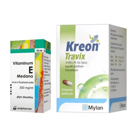 Set Kreon Travix, 10.000, enterale capsules, 50 stuks (fles) + Vitaminum E, (300 mg / ml), druppels, 10 ml (Medana)